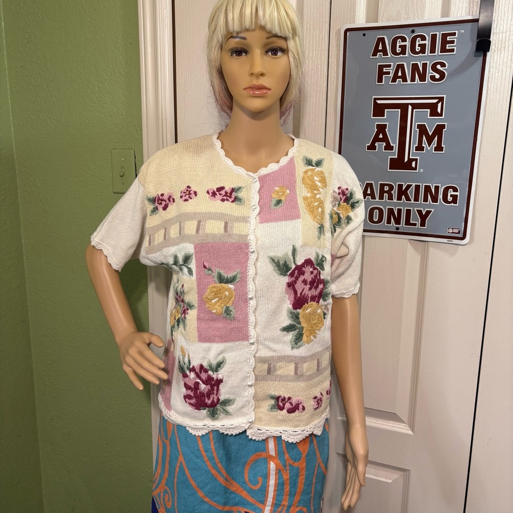 Floral Knit Cardigan with Scalloped Edges short sleeve sweater